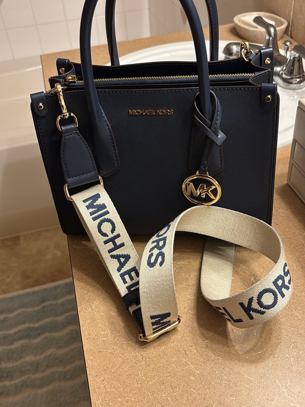 Michael Kors Navy Saffiano Leather Satchel with Branded Canvas Strap